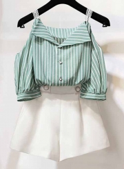 2 Piece Striped Off Shoulder Lantern Sleeve Buttons Top Wide Leg Shorts