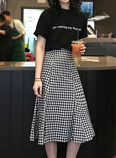 Casual 2 Piece Letters Printed Tee Elastic Waist Plaid Fishtail Skirt zecalaba.com