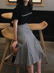 Casual 2 Piece Letters Printed Tee Elastic Waist Plaid Fishtail Skirt