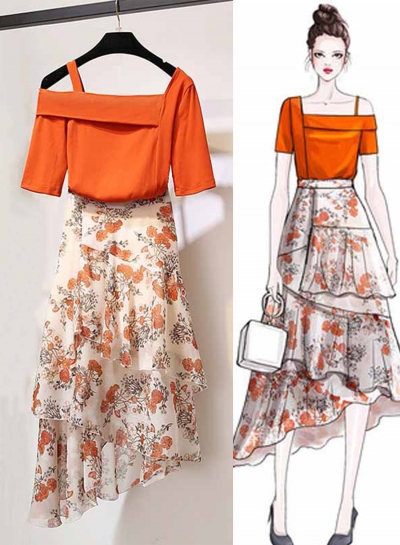 Fashion 2 Piece Solid One Shoulder Top Floral Printed Irregular Skirt zecalaba.com