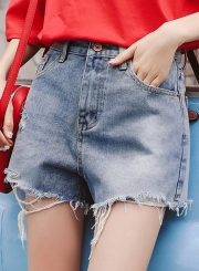 Summer Casual Retro Wash High Waist Wide Leg Pockets Denim Shorts