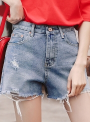 Summer Casual Retro Wash High Waist Wide Leg Pockets Denim Shorts