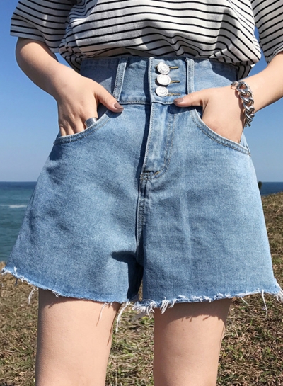 Summer Casual Retro Wash High Waist Burrs Straight Wide Leg Pocket Shorts