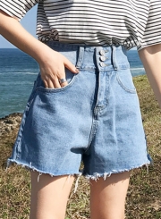 Summer Casual Retro Wash High Waist Burrs Straight Wide Leg Pocket Shorts