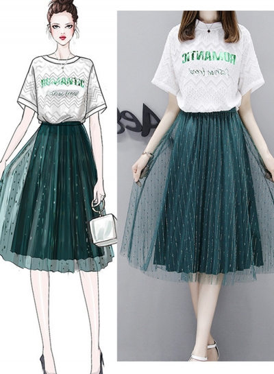 Fashion 2 Piece Lace Letters Printed Tee Elastic Waist A-line Mesh Skirt zecalaba.com