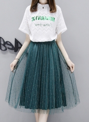 Fashion 2 Piece Lace Letters Printed Tee Elastic Waist A-line Mesh Skirt