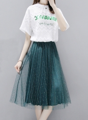 Fashion 2 Piece Lace Letters Printed Tee Elastic Waist A-line Mesh Skirt