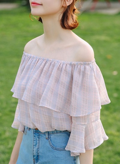 Summer Sexy Off The Shoulder Flare Sleeve Ruffle Trim Plaid Blouse zecalaba.com