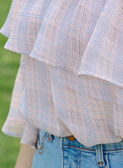 Summer Sexy Off The Shoulder Flare Sleeve Ruffle Trim Plaid Blouse