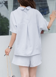 Casual 2 Piece Short Sleeve Button Down Shirt Elastic Waist Wide Leg Shorts