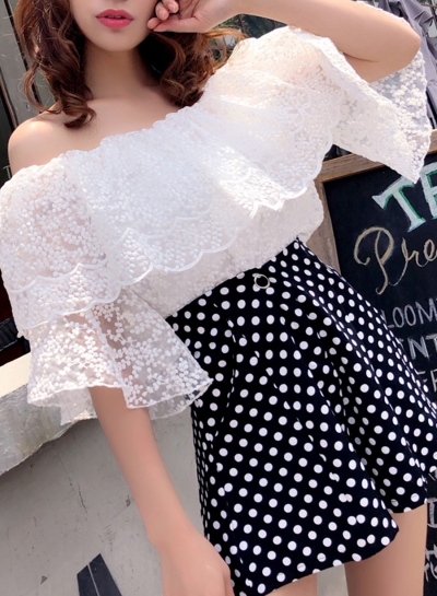 Summer Sexy Off The Shoulder Flare Sleeve Loose Solid Lace Blouse zecalaba.com