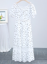 Off Shoulder Polka Dots Short Sleeve Lace Spliced A-line Swing Dress