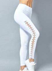 Fashion Sexy Slim Lace-Up Hollow Out Solid Sports Leggings