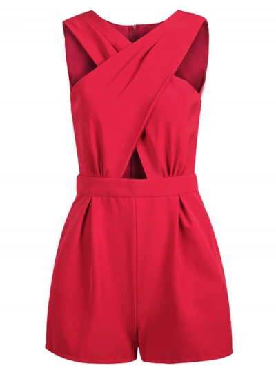 Fashion Sexy Solid Sleeveless Front Cross Pockets Rompers zecalaba.com