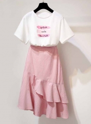 Summer 2 Piece Letters Printed Tee High Waist Irregular Striped Skirt