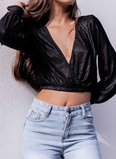 Fashion Sexy Deep V Neck Long Sleeve Crop Top Slim Solid Blouse zecalaba.com