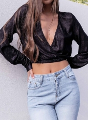 Fashion Sexy Deep V Neck Long Sleeve Crop Top Slim Solid Blouse