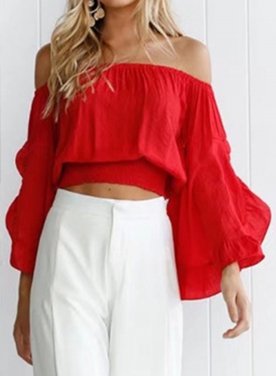 Summer Sexy Off The Shoulder Flare Sleeve Solid Pullover Blouse zecalaba.com