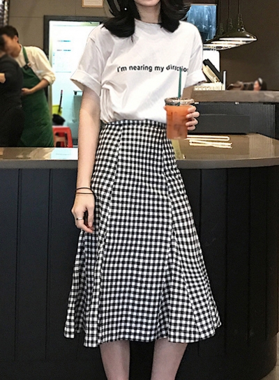 Casual 2 Piece Letters Printed Tee Elastic Waist Plaid Fishtail Skirt zecalaba.com