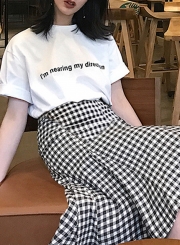 Casual 2 Piece Letters Printed Tee Elastic Waist Plaid Fishtail Skirt