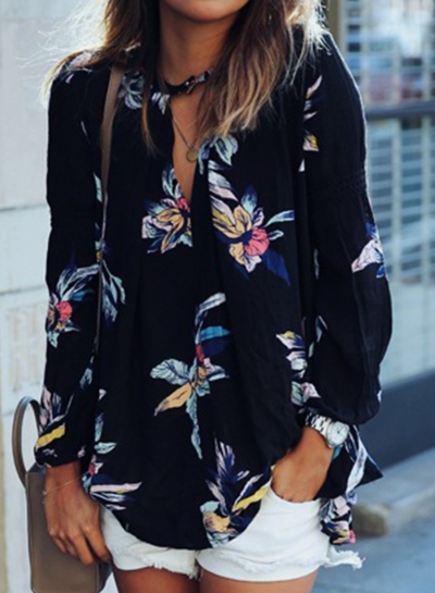 Casual Chiffon Floral Printed Long Sleeve V Neck Loose Blouse