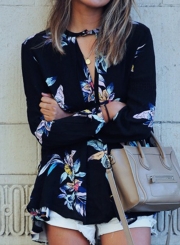 Casual Chiffon Floral Printed Long Sleeve V Neck Loose Blouse