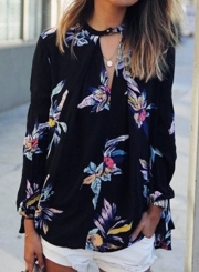 Casual Chiffon Floral Printed Long Sleeve V Neck Loose Blouse