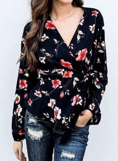 Fashion Casual Floral Printed V Neck Long Sleeve Waist Tie Blouse zecalaba.com