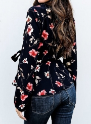 Fashion Casual Floral Printed V Neck Long Sleeve Waist Tie Blouse