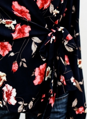 Fashion Casual Floral Printed V Neck Long Sleeve Waist Tie Blouse