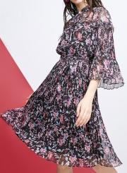 Fashion Floral Printed Flare Sleeve Waist Tie Pleated Dress