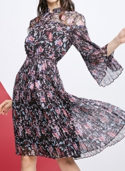 Fashion Floral Printed Flare Sleeve Waist Tie Pleated Dress