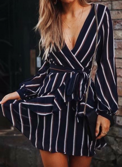 Sexy Striped V Neck Long Sleeve Waist Tie A-line Pullover Dress