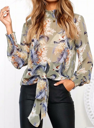 Casual Floral Printed Long Sleeve High Neck Loose Blouse With Tie