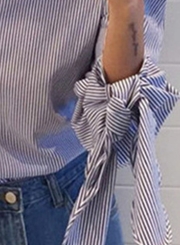 Casual Sexy Striped Off The Shoulder Long Sleeve Bow Tie Blouse