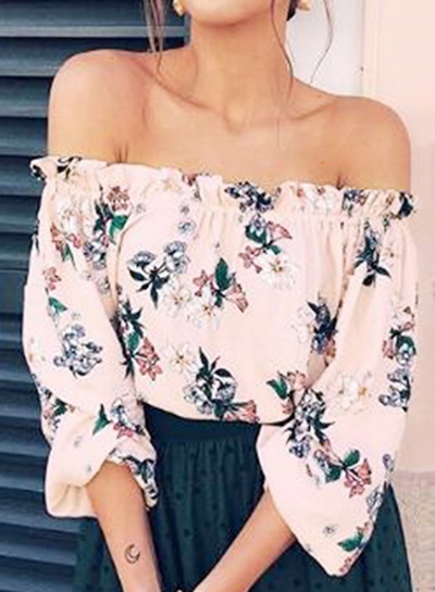 Summer Sexy Floral Printed Off The Shoulder Long Sleeve Sweet Blouse zecalaba.com