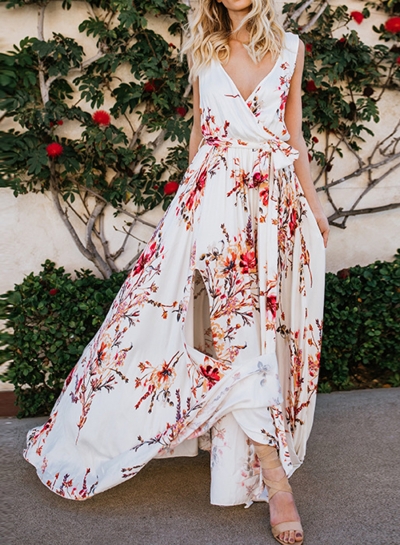 Fashion Floral Printed Sleeveless V Neck High Waist Slit Swing Maxi Dress zecalaba.com