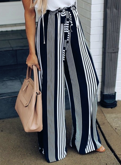 Casual Loose Striped High Waist Straight Wide Leg Pants With Tie