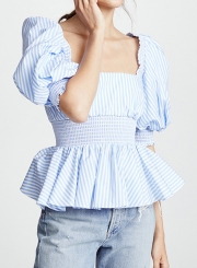 Casual Striped Lantern Sleeve Square Neck Backless Elastic Waist Blouse