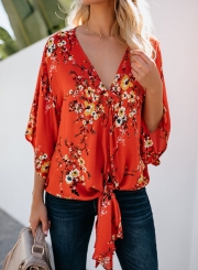 Summer Casual Loose Floral Printed Flare Sleeve V Neck Lace-Up Blouse