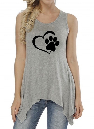 Summer Casual Loose Heart Printed Sleeveless Round Neck Irregular Tee