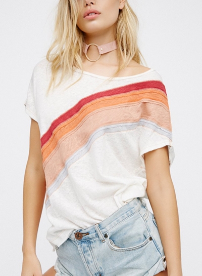 Summer Casual Rainbow Printed Short Sleeve Round Neck Loose Pullover Tee zecalaba.com