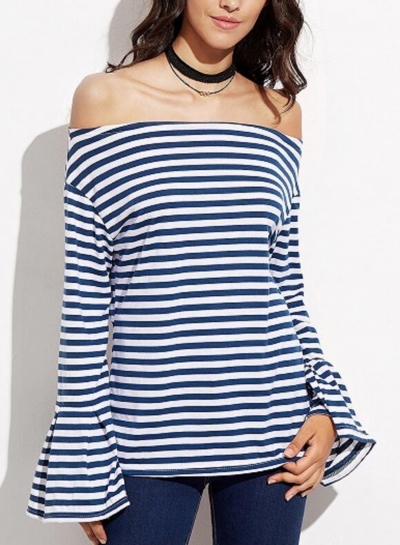 Casual Sexy Striped Off The Shoulder Flare Sleeve Slim Pullover Tee zecalaba.com