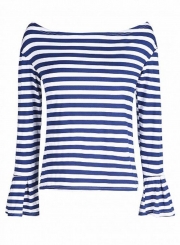 Casual Sexy Striped Off The Shoulder Flare Sleeve Slim Pullover Tee