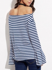 Casual Sexy Striped Off The Shoulder Flare Sleeve Slim Pullover Tee