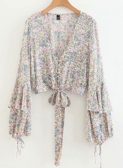 Sexy Floral V Neck Bow Crop Top Lantern Sleeve Beach Button Down Shirt