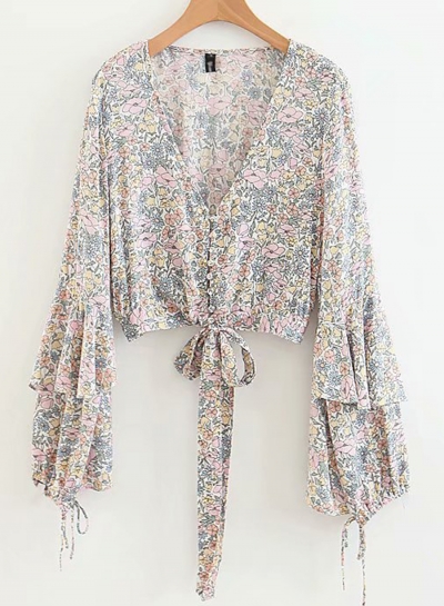 Sexy Floral V Neck Bow Crop Top Lantern Sleeve Beach Button Down Shirt zecalaba.com