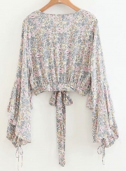 Sexy Floral V Neck Bow Crop Top Lantern Sleeve Beach Button Down Shirt