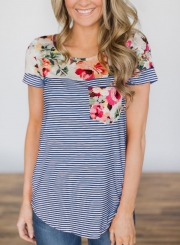 Summer Casual Loose Floral Printed Striped Round NeckTee With Pockets