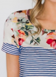 Summer Casual Loose Floral Printed Striped Round NeckTee With Pockets